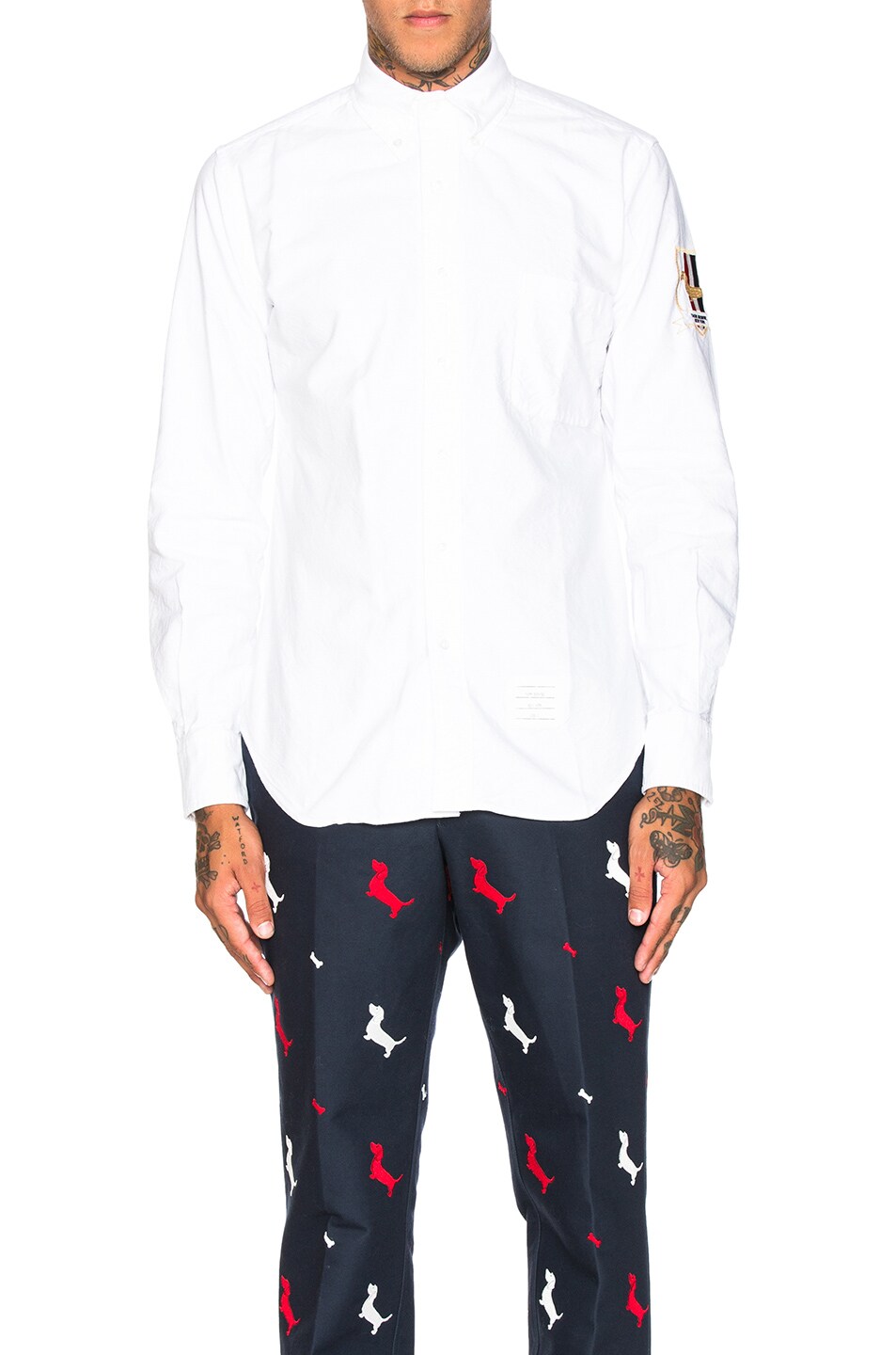Image 1 of Thom Browne Hector Sleeve Crest Oxford Shirt in White