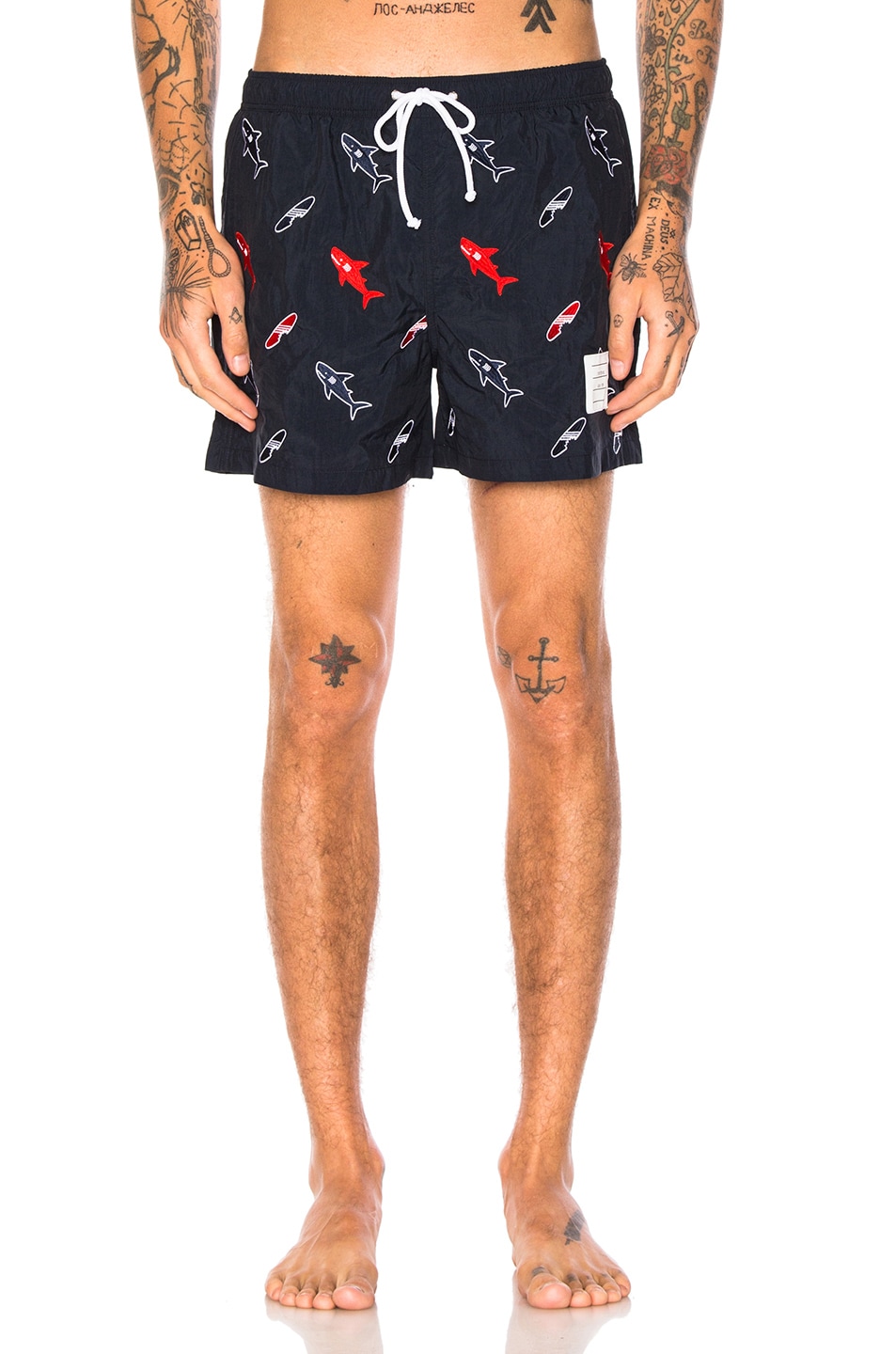Image 1 of Thom Browne Shark & Surfboard Embroidery Swim Trunks in Navy