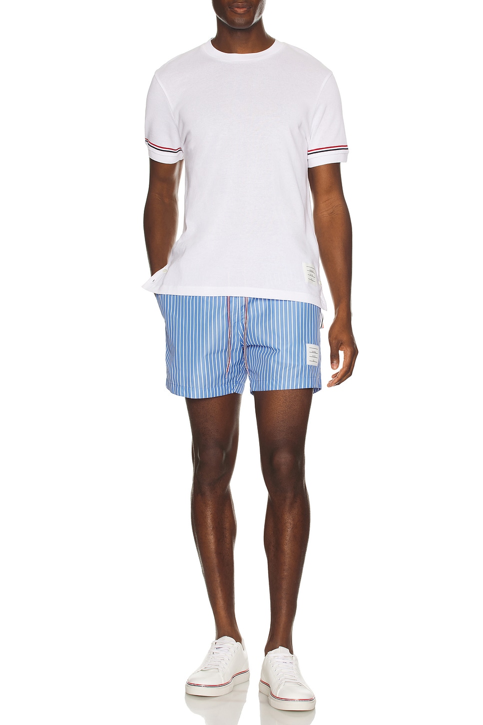 Image 1 of Thom Browne Pinstripe Swim Short in Medium Blue