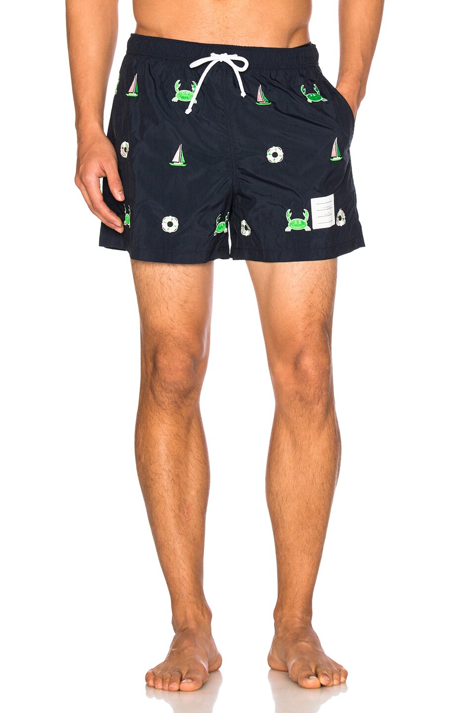 Image 1 of Thom Browne Fun Mix Icon Embroidered Swim Trunks in Navy