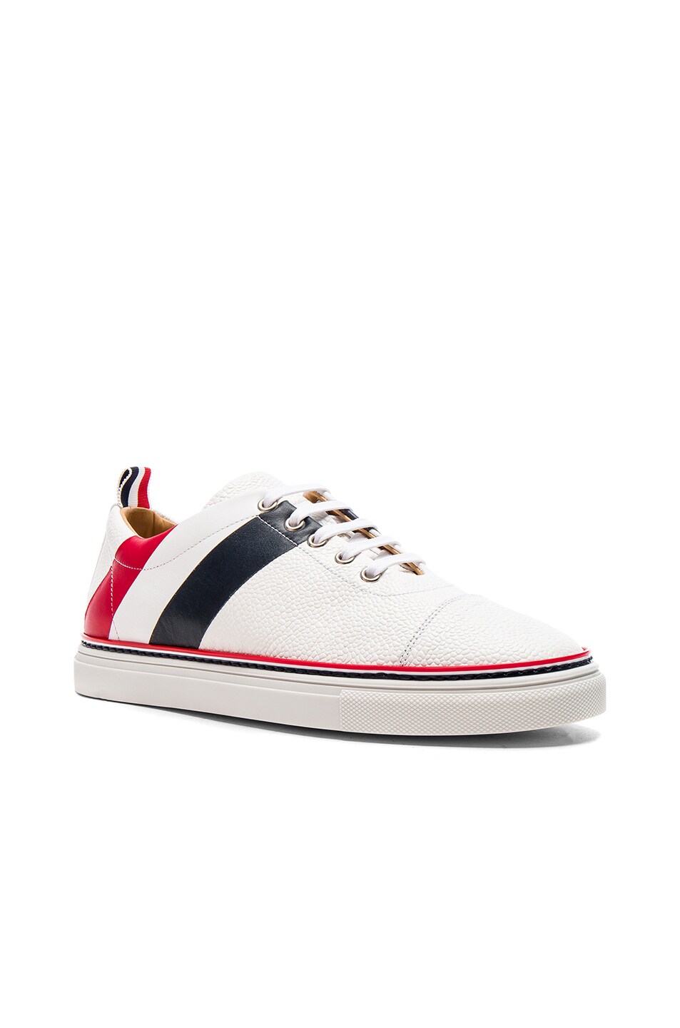 Image 1 of Thom Browne Pebble Grain & Calf Leather Straight Toe Cap Sneakers in White