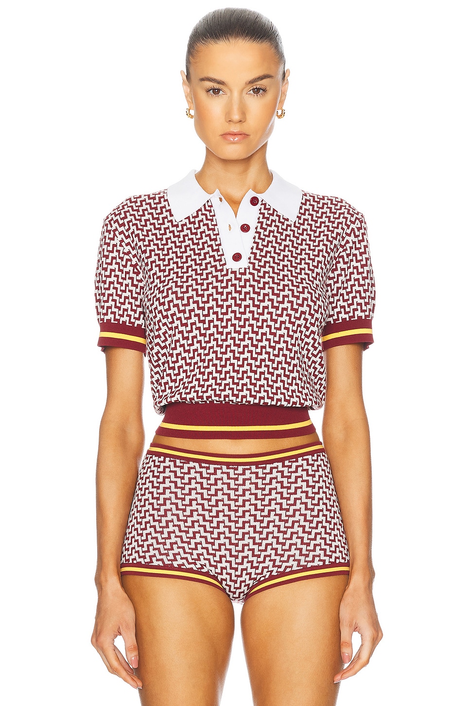 Image 1 of Tropic of C Cropped Polo Top in Red & White Jacquard