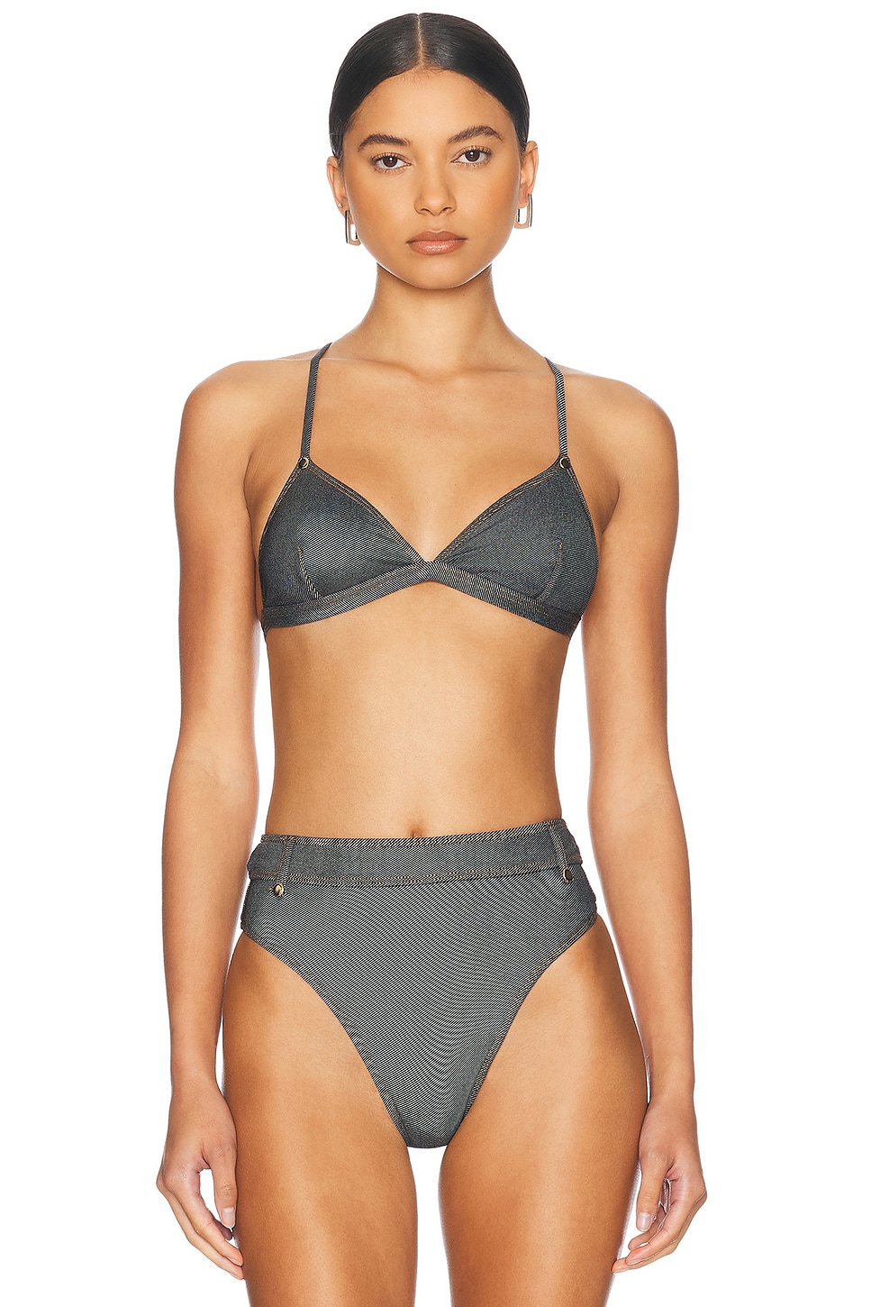 Image 1 of Tropic of C Denim Fixed Triangle Bikini Top in Black