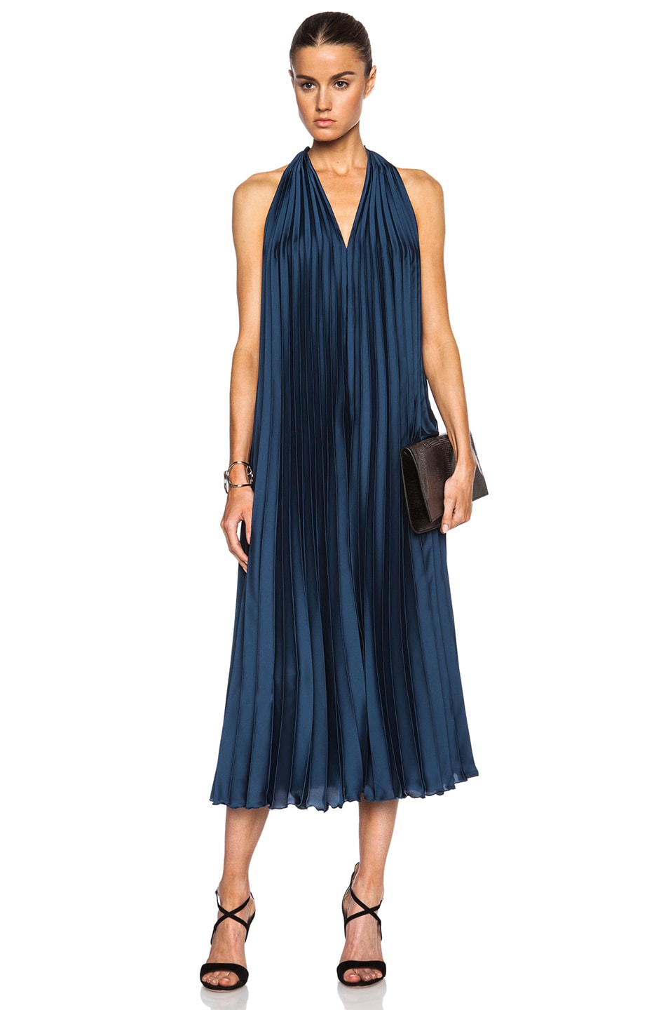 Image 1 of Tome Satin Pleated Halter Dress in Navy