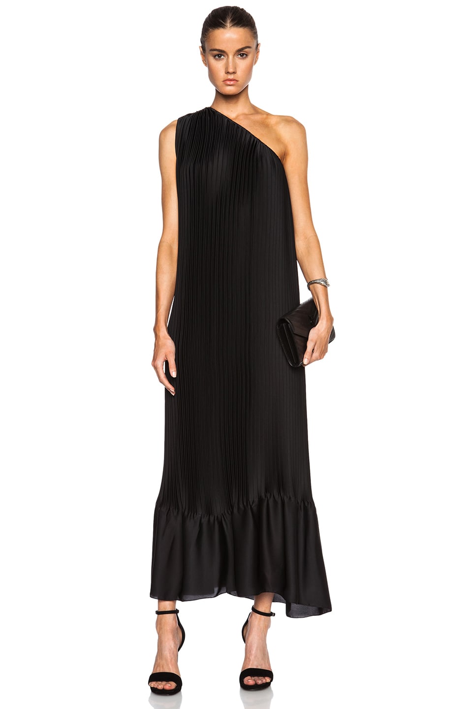 Image 1 of Tome Satin Pleated One Shoulder Dress in Black