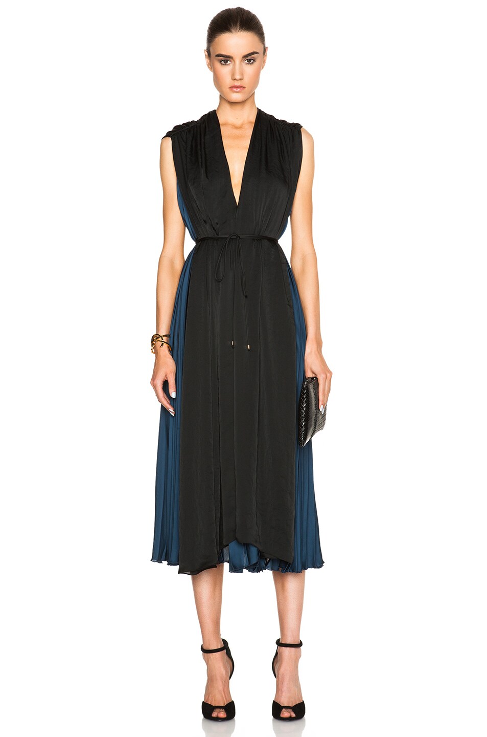 Image 1 of Tome Satin Two Tone Pleated Cape Dress in Black & Navy