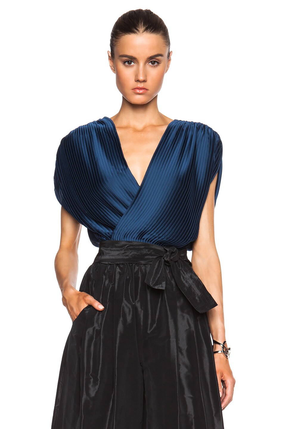 Image 1 of Tome Satin Pleated Wrap Blouse in Navy