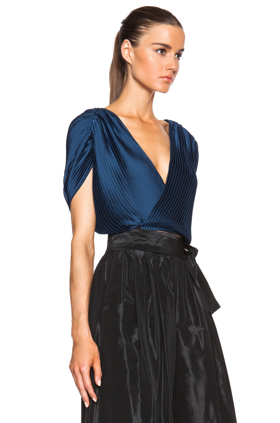 Tome Satin Pleated Wrap Blouse in Navy | FWRD