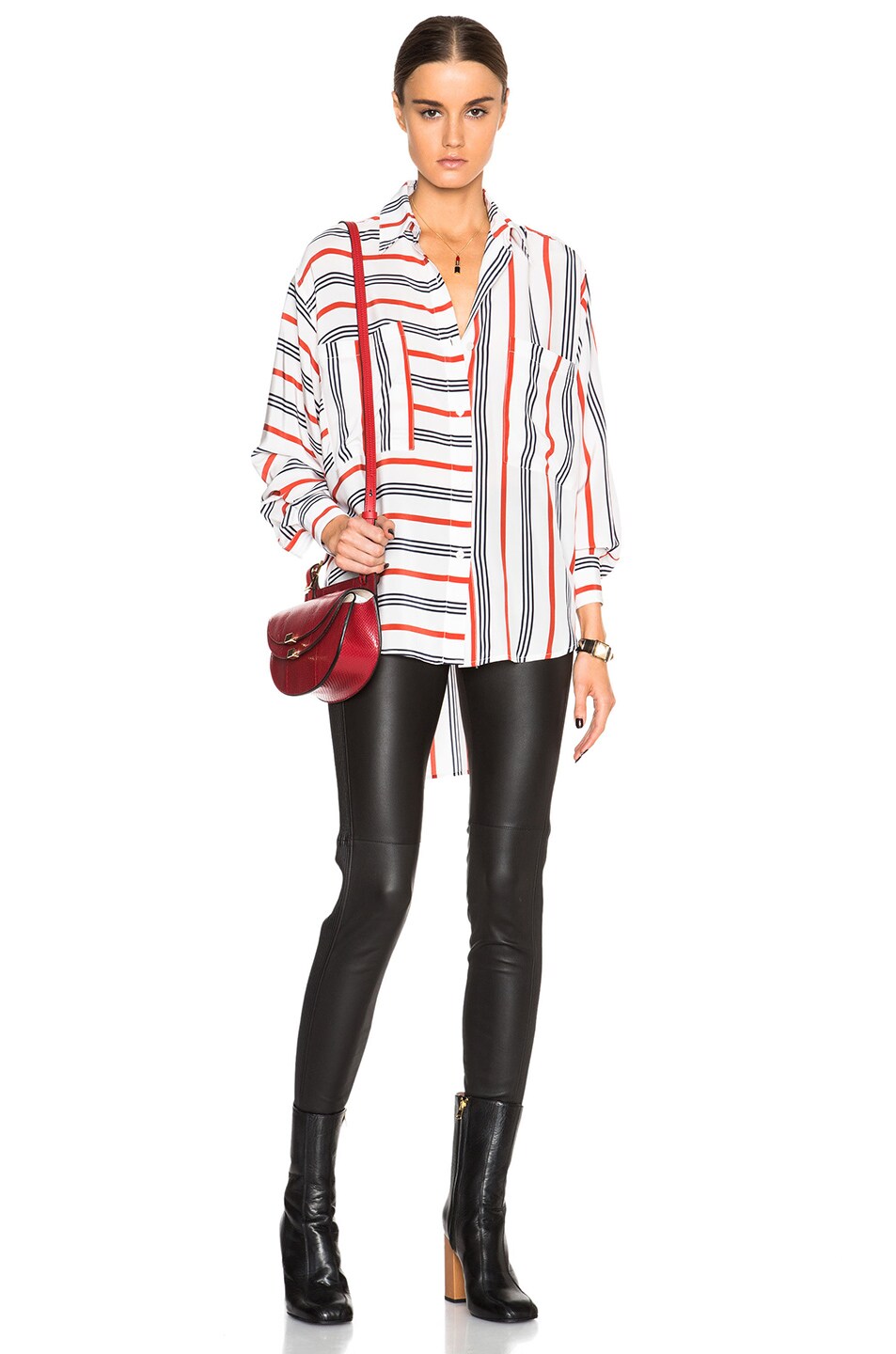 Image 1 of Tome Silk Striped Oversized Top in Navy, Orange & White