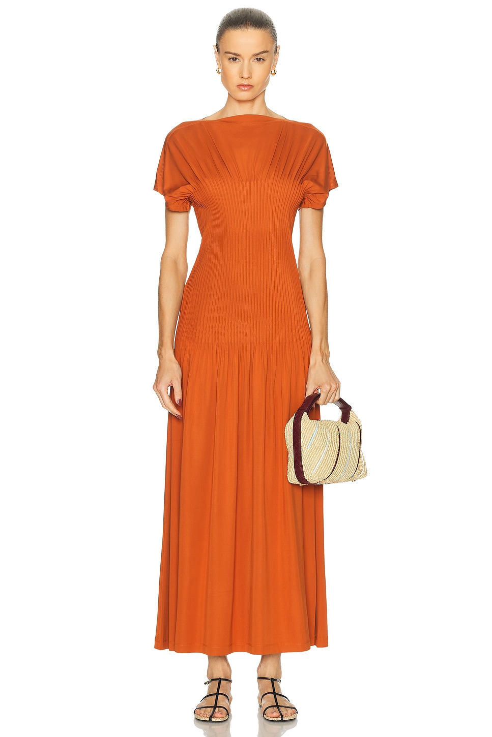 Knife Pleated Jersey Dress in Burnt Orange