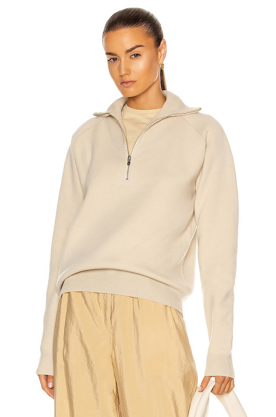 Image 1 of Toteme Merino Wool Zip Knit Sweater in Light Sand