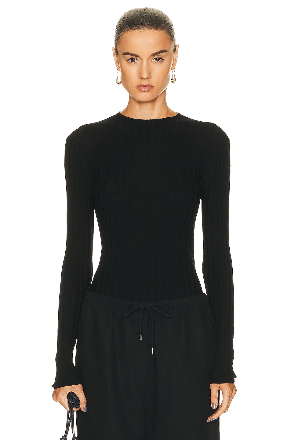 Image 1 of Toteme Round Neck Ribbed Knit Sweater in Black