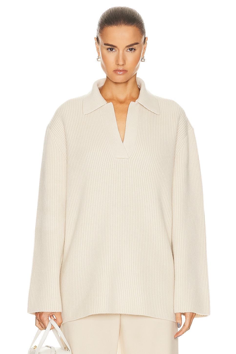 Image 1 of Toteme Ribbed Polo Knit Sweater in Macadamia