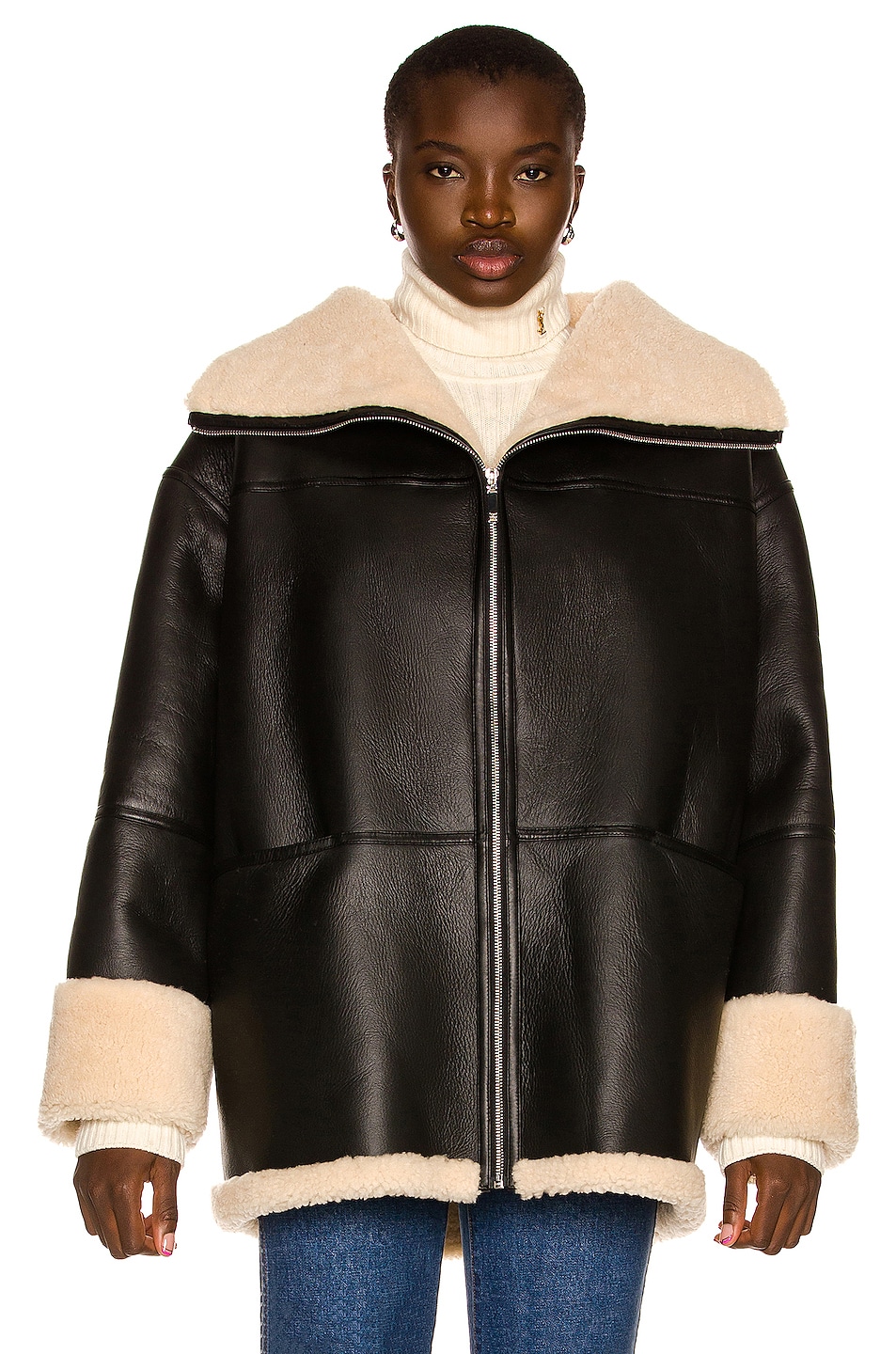 Toteme Signature Shearling Jacket in Black & Off White | FWRD