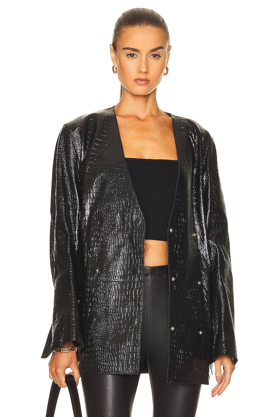 Image 1 of Toteme Croco Embossed Leather Blazer in Black