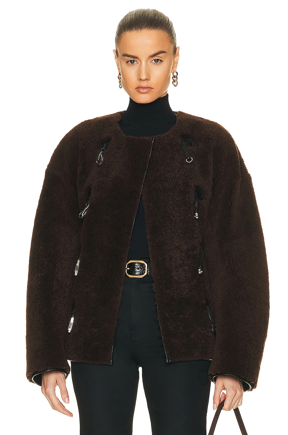 Image 1 of Toteme Teddy Shearling Clasp Jacket in Saddle Brown