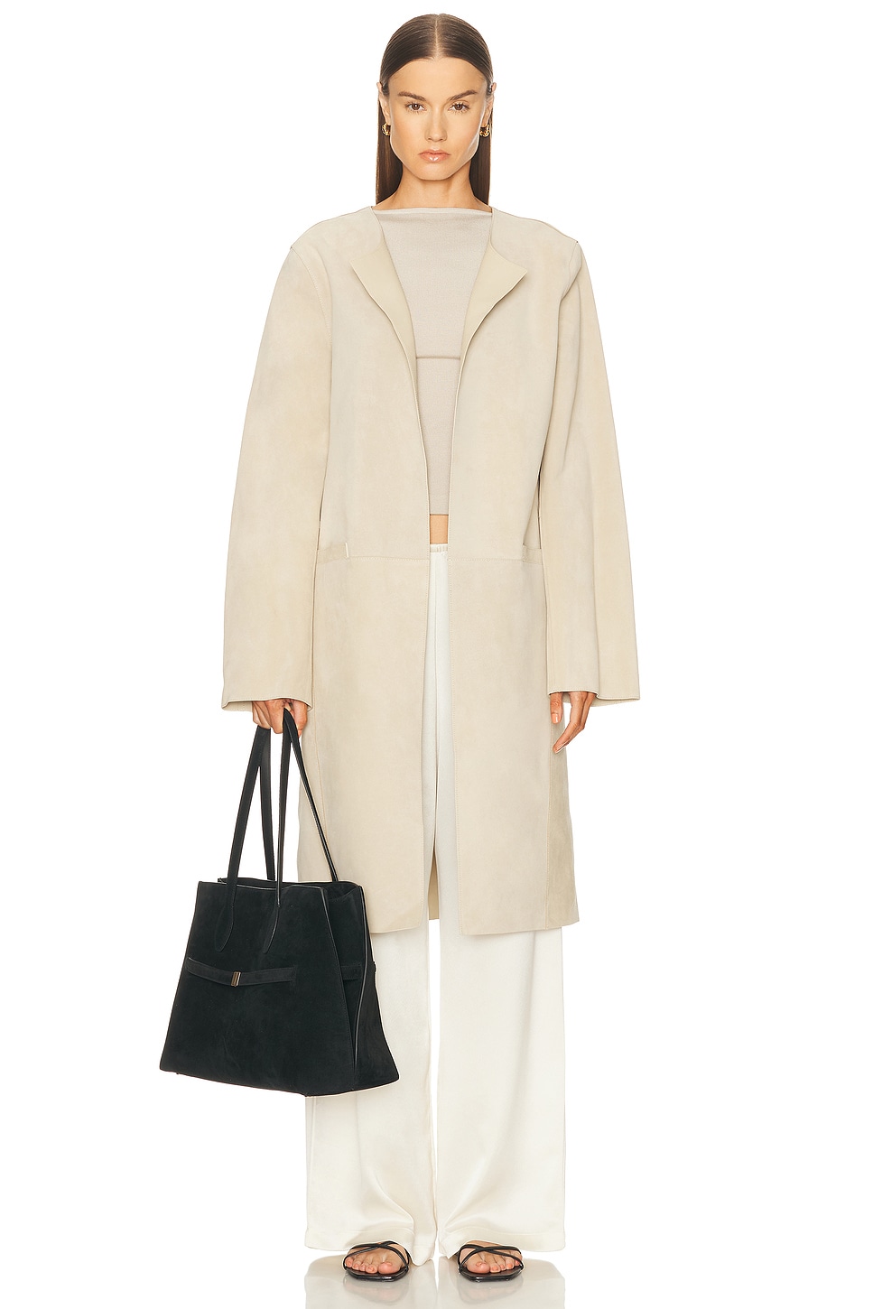 Image 1 of Toteme Collarless Suede Coat in Peanut