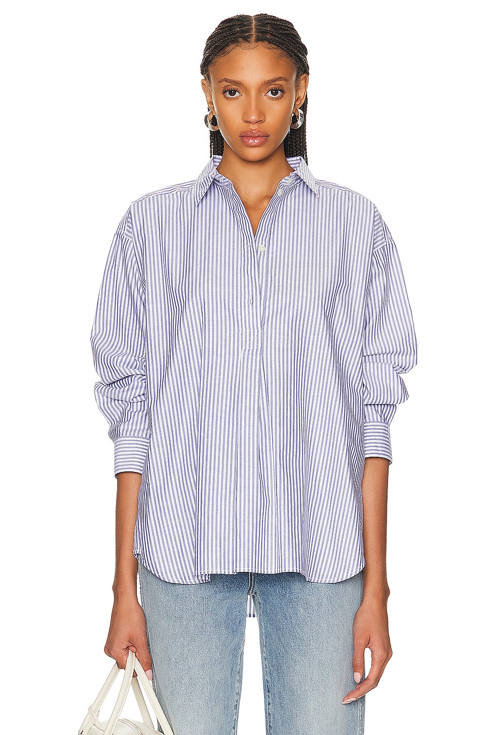 Image 1 of Toteme Striped Half Placket Shirt in Blue & White