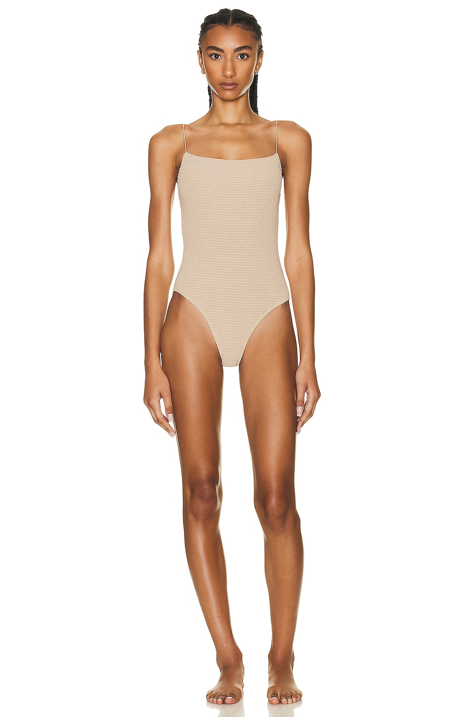 Image 1 of Toteme Smocked One Piece Swimsuit in Overcast Beige