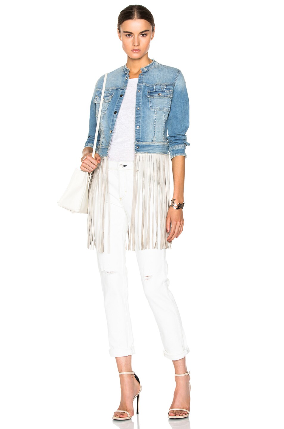 Image 1 of ThePerfext Molly Denim and Leather Fringe Jacket in Cream & Denim
