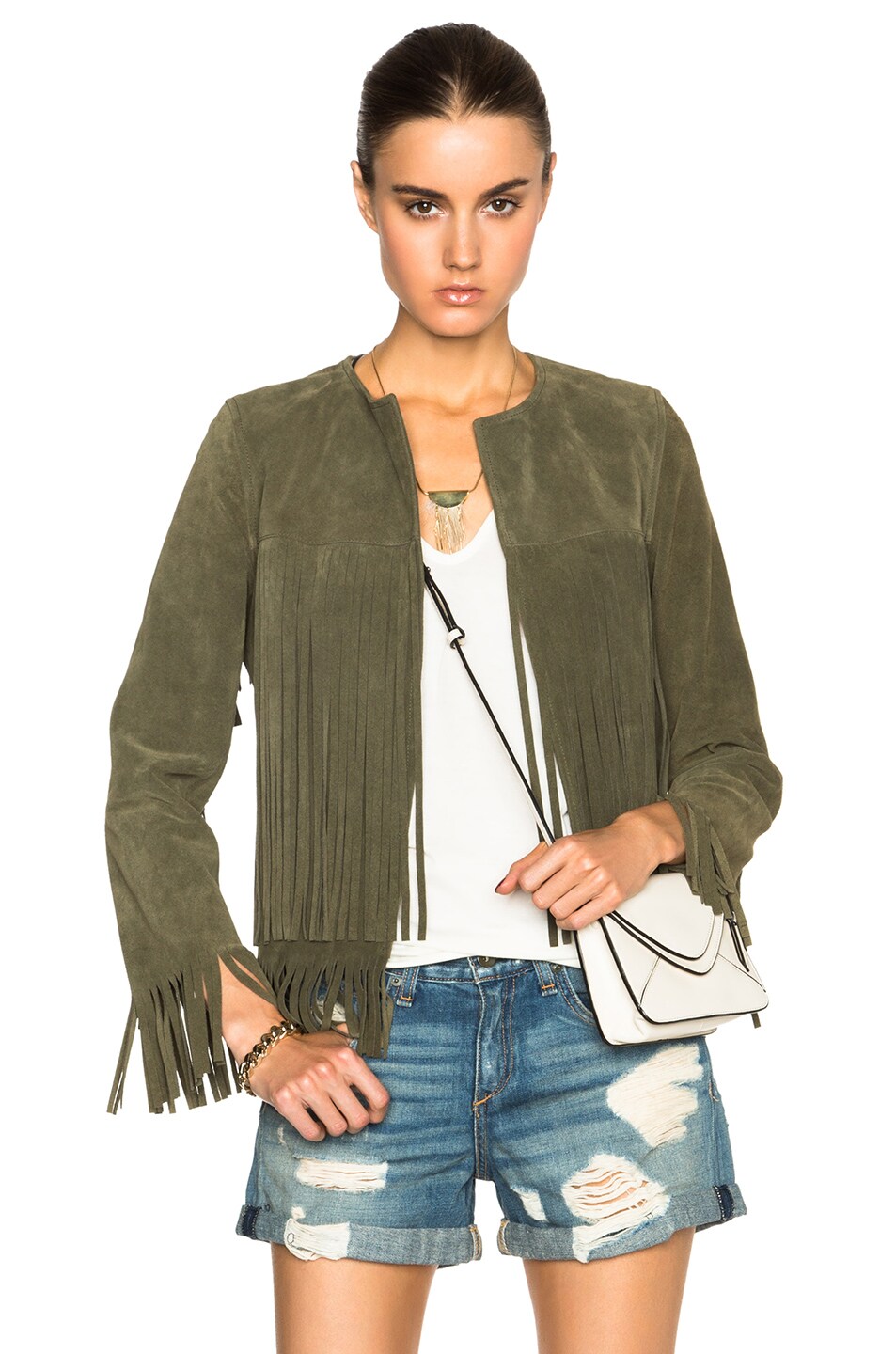 Image 1 of ThePerfext April Fringe Suede Jacket in Army Green