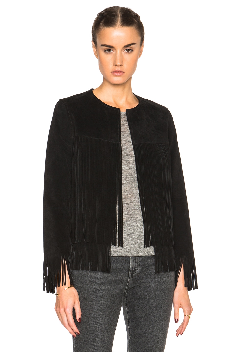 Image 1 of ThePerfext Ryder Classic Thin Fringe Jacket in Black Suede