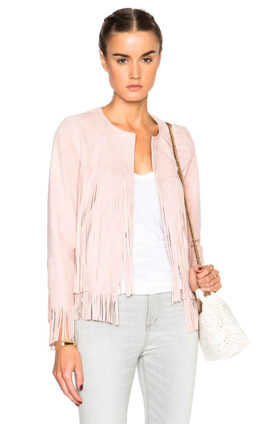 Image 1 of ThePerfext Ryder Classic Thin Fringe Jacket in Dusty Rose Lamb Suede