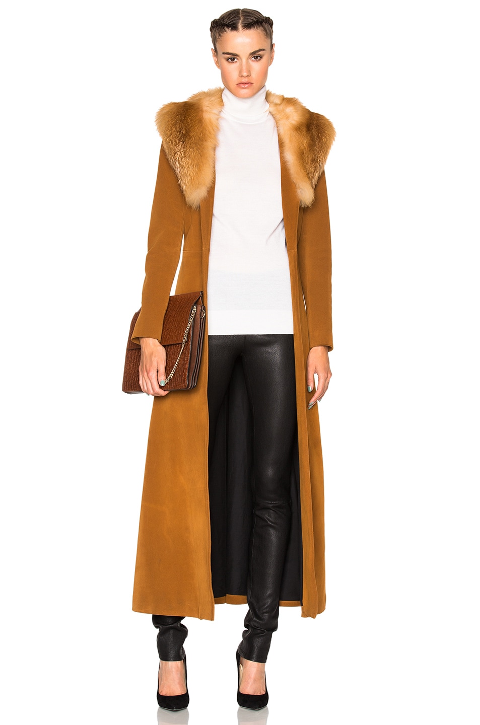 Image 1 of ThePerfext Penny Lane Long Suede Coat with Fox Fur Collar in Cognac
