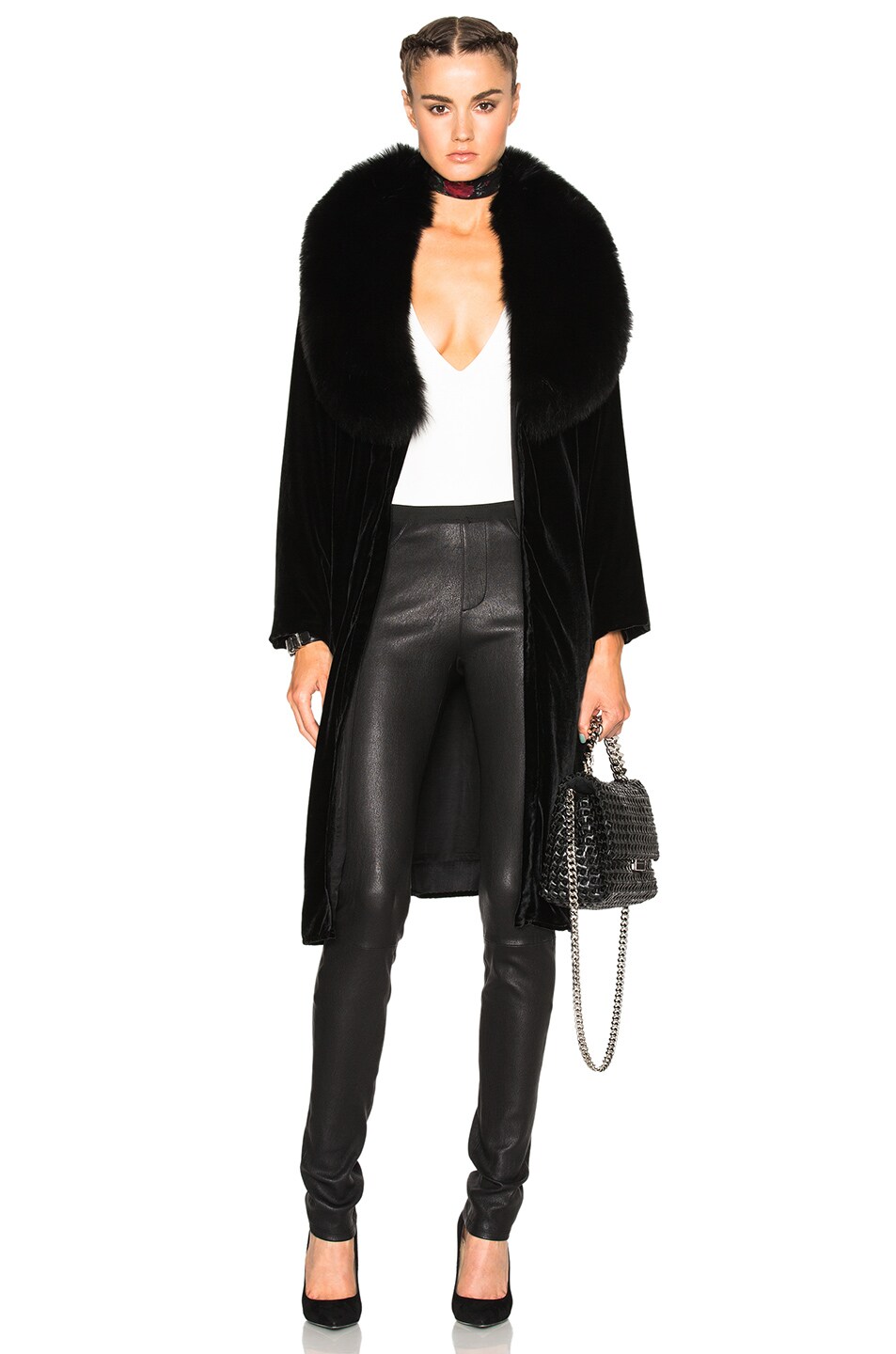 Image 1 of ThePerfext Penelope Black Fox Fur & Velvet Jacket in Black