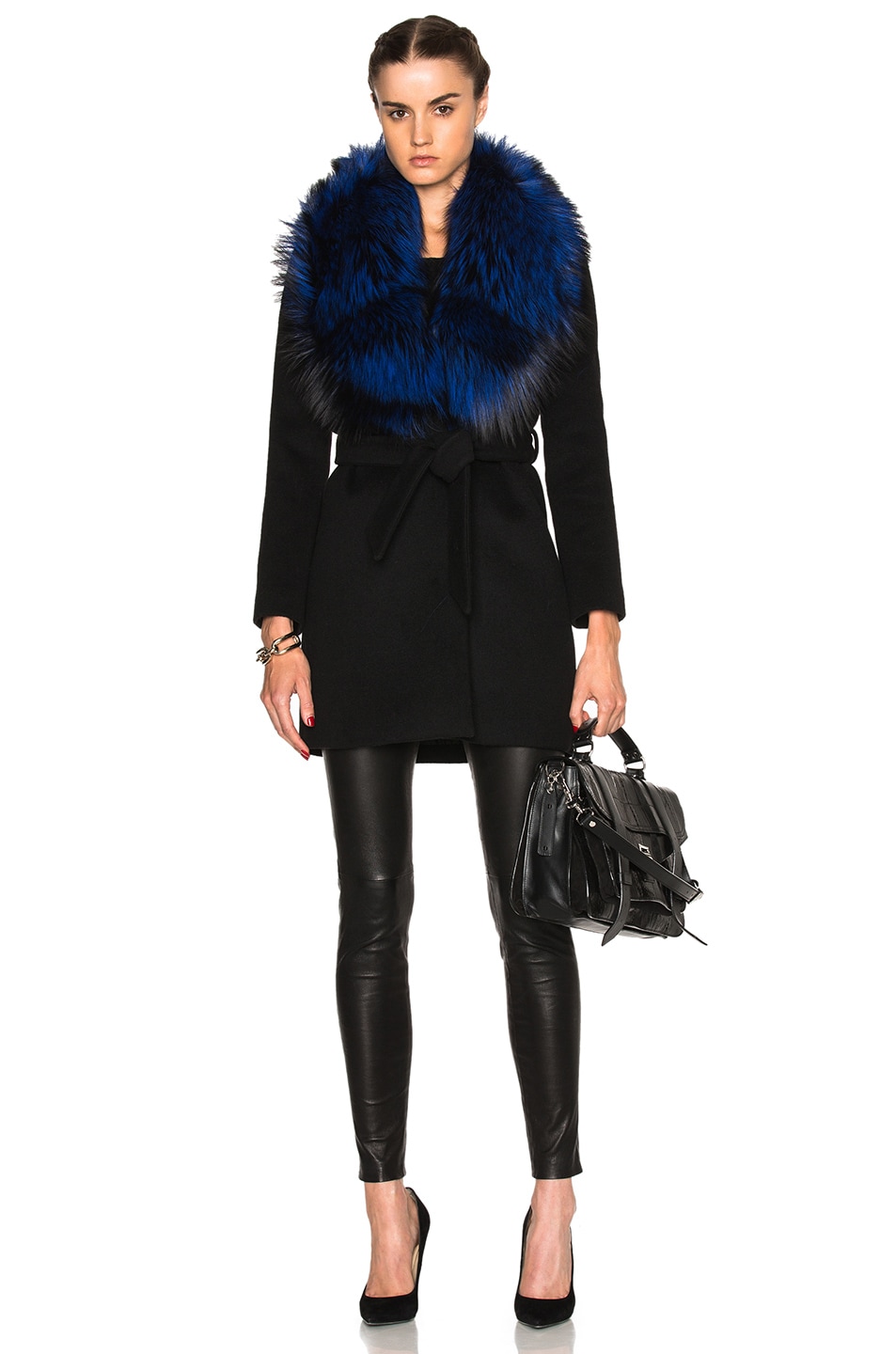 Image 1 of ThePerfext for FWRD Vanessa Coat with Fox Fur Collar in Black & Electric Blue