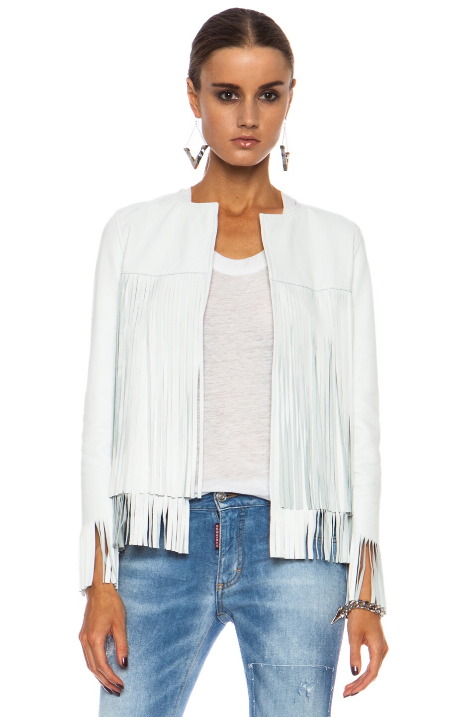 Image 1 of ThePerfext April Fringe Leather Jacket in White