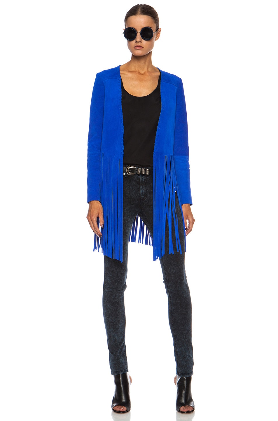 Image 1 of ThePerfext Christy Fringe Suede Jacket in Blue