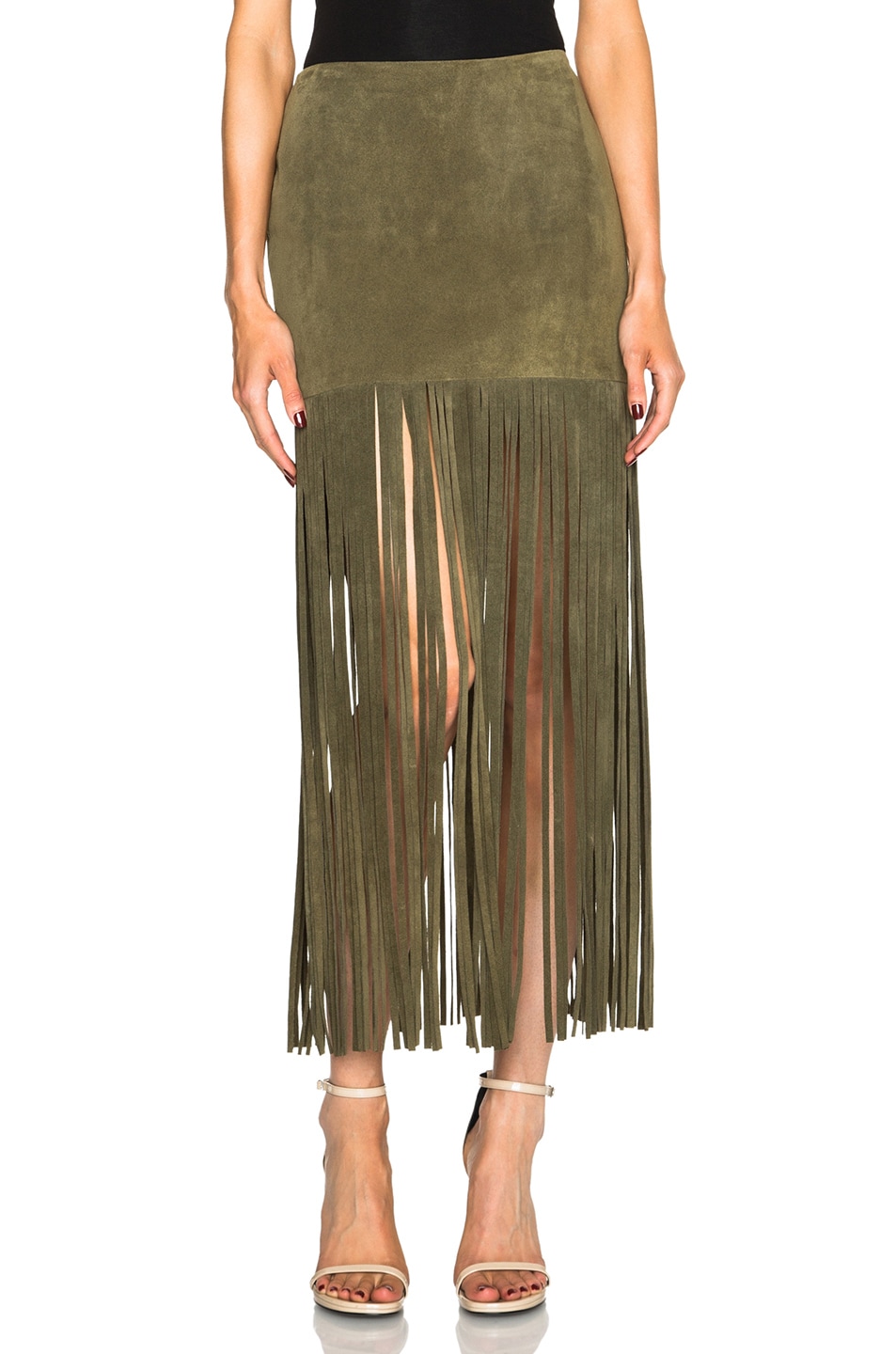 Image 1 of ThePerfext Mimi Fringe Suede Skirt in Army Green