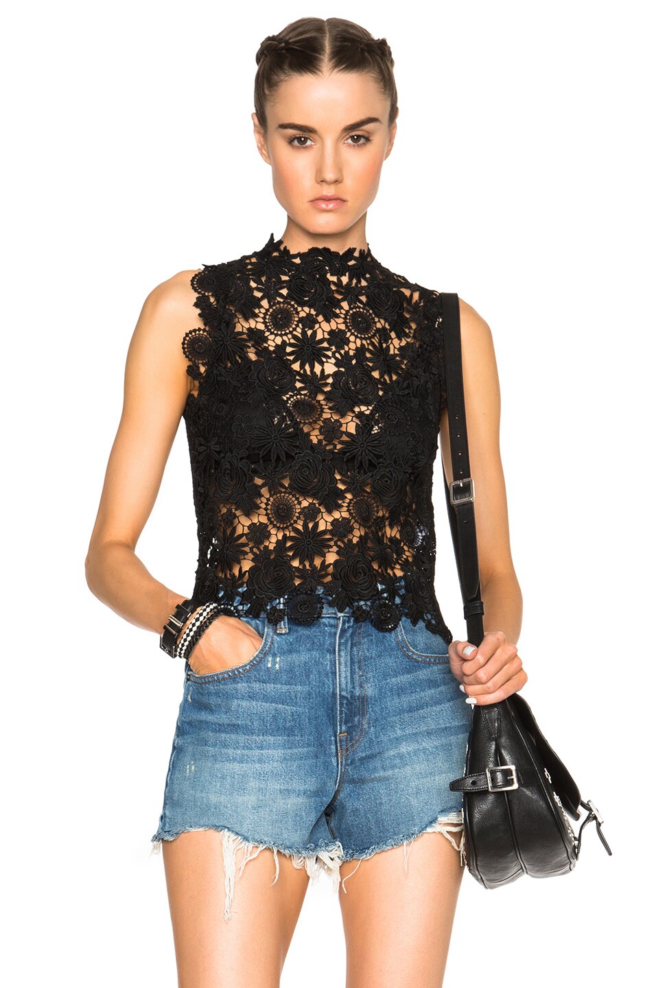 Image 1 of ThePerfext Sabrina Crochet Lace Sleeveless Top in Black