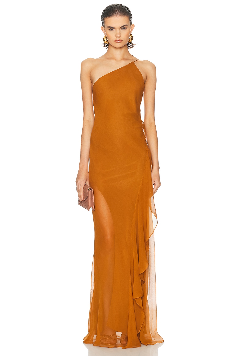 The Sei One Shoulder Ruffle Gown In Brown