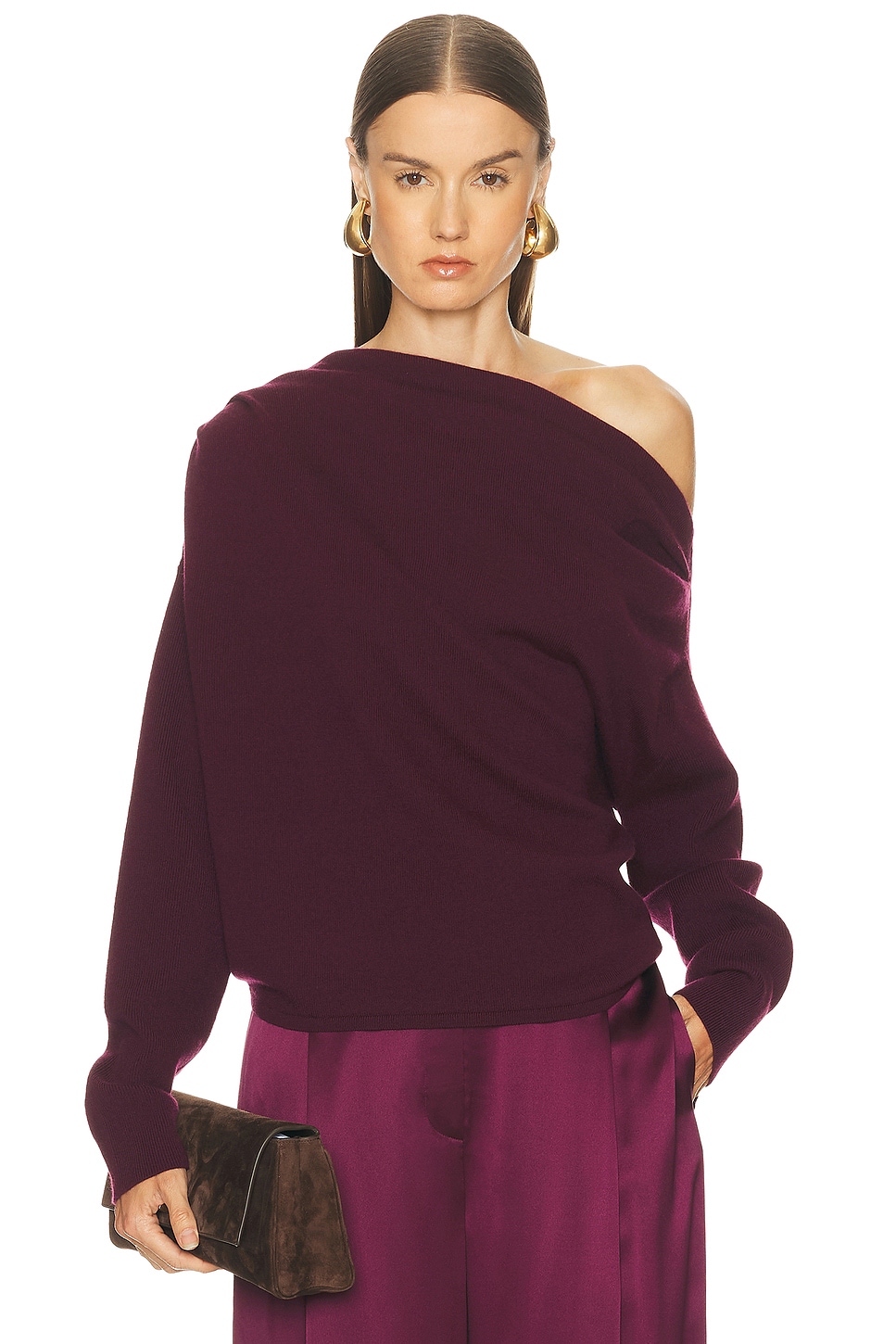 Image 1 of The Sei Long Sleeve Asymmetrical Drape Sweater in Merlot