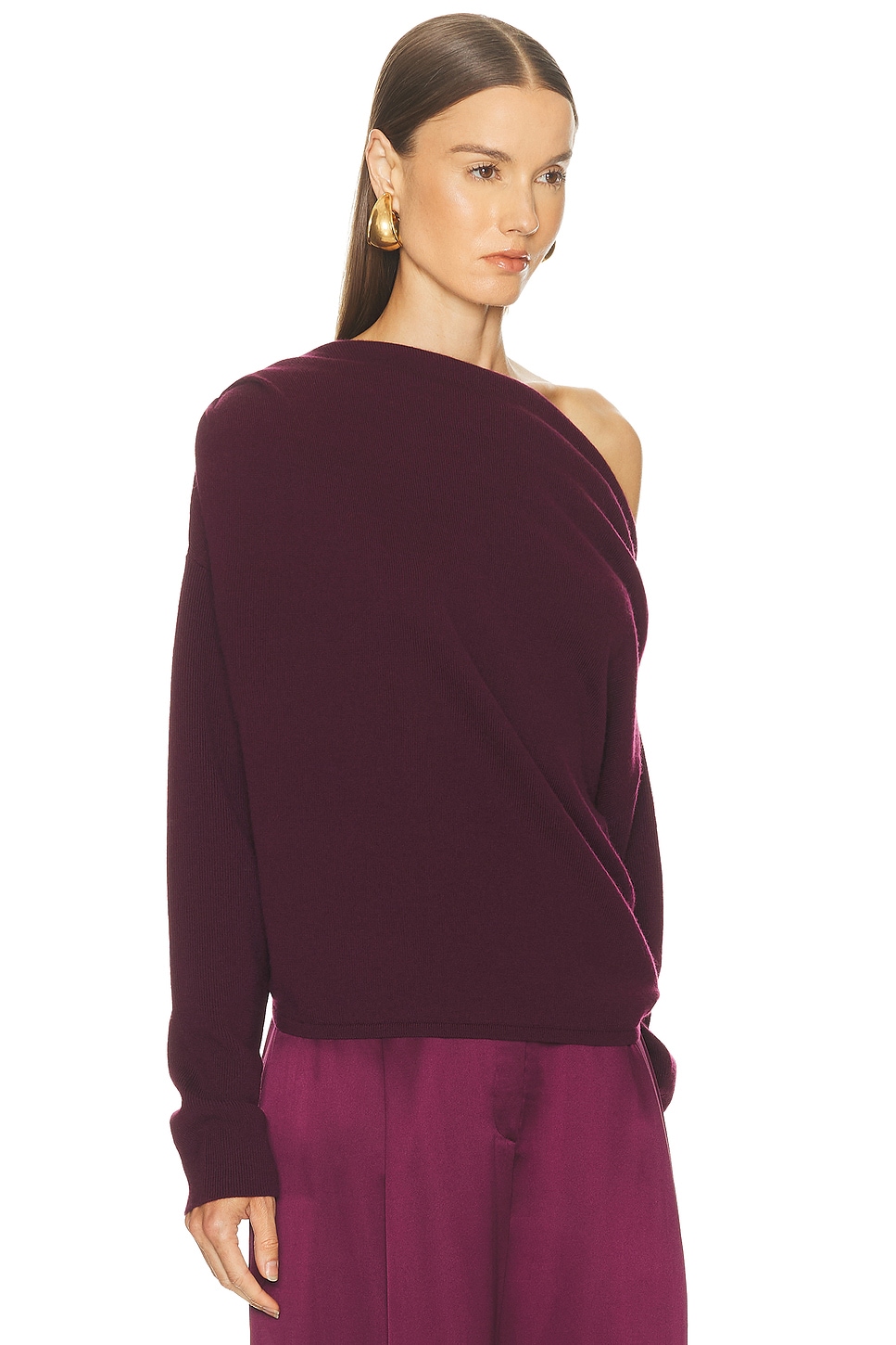 The Sei Long Sleeve Asymmetrical Drape Sweater In Burgundy