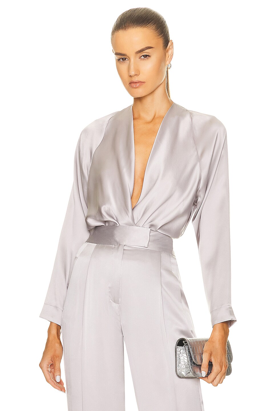 Image 1 of The Sei Long Sleeve Raglan Wrap Bodysuit in Platinum