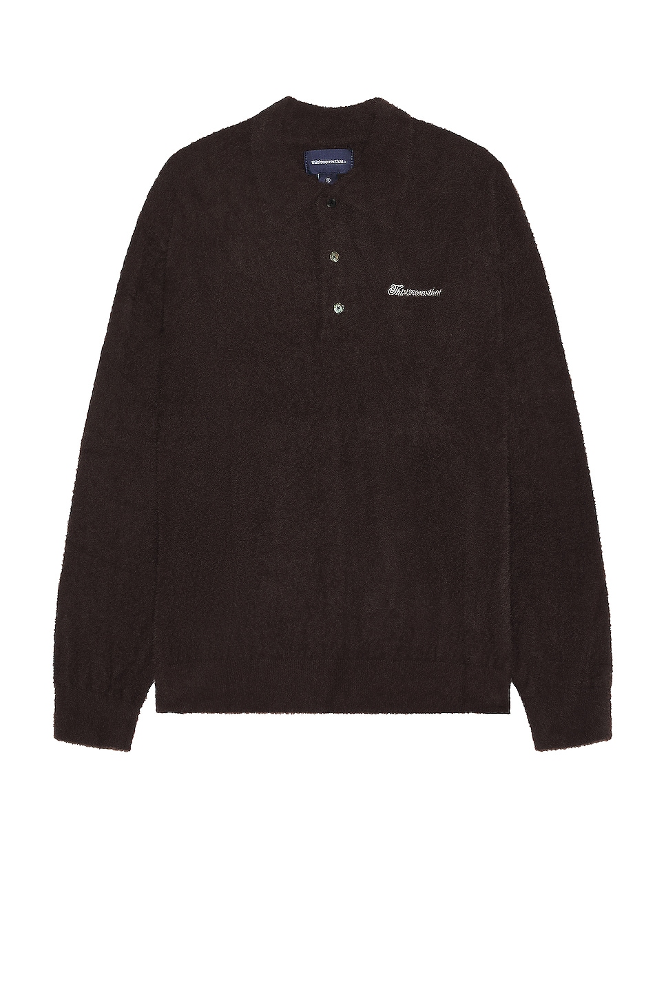 Image 1 of thisisneverthat Script Shaggy Knit Polo in Dark Brown