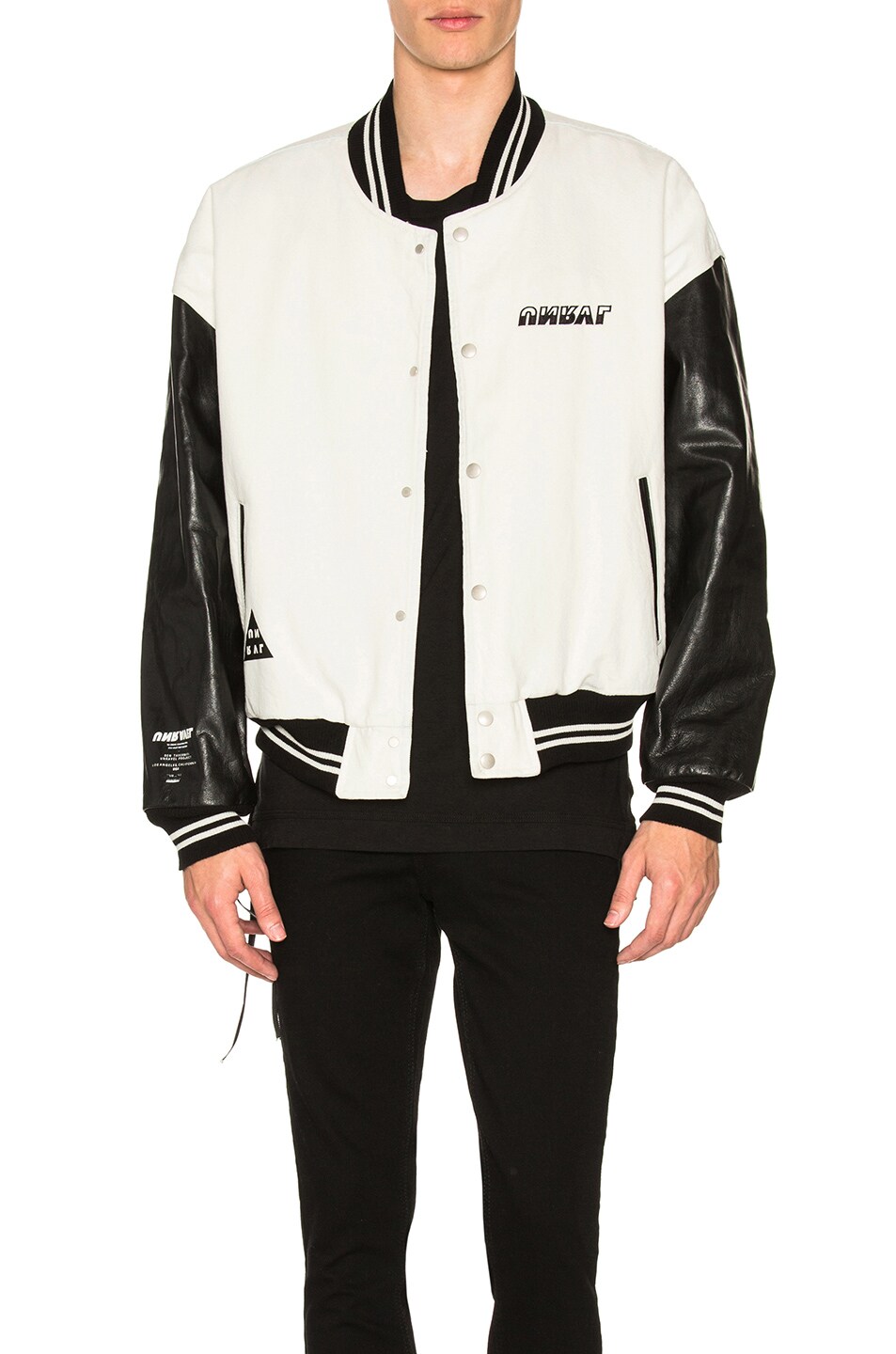 Image 1 of Unravel Triangle Rigid Denim Varsity Jacket in White & Black