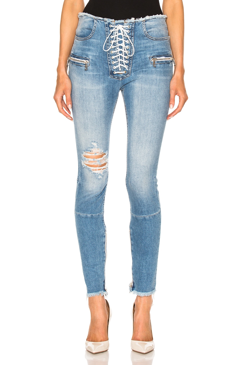 Image 1 of Unravel Stretch Denim Lace Up Skinny Jeans in Indigo Bleach