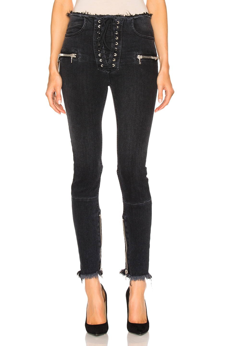 Image 1 of Unravel Stretch Denim Lace Up Skinny in Black