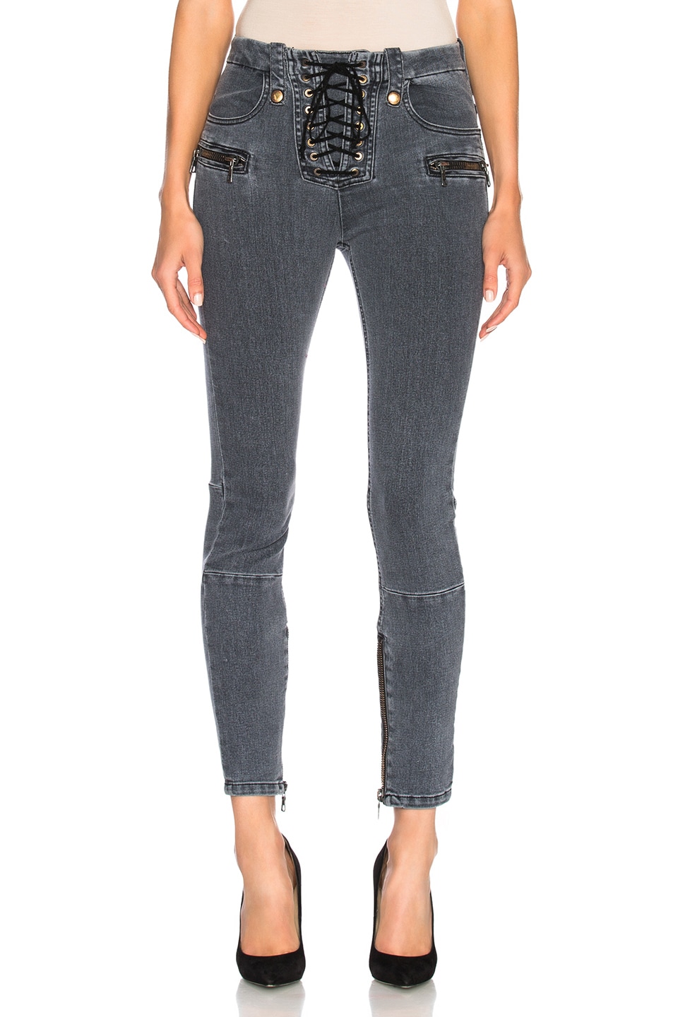 Image 1 of Unravel for FWRD Lace Up Skinny Jeans in Stone Wash Grey