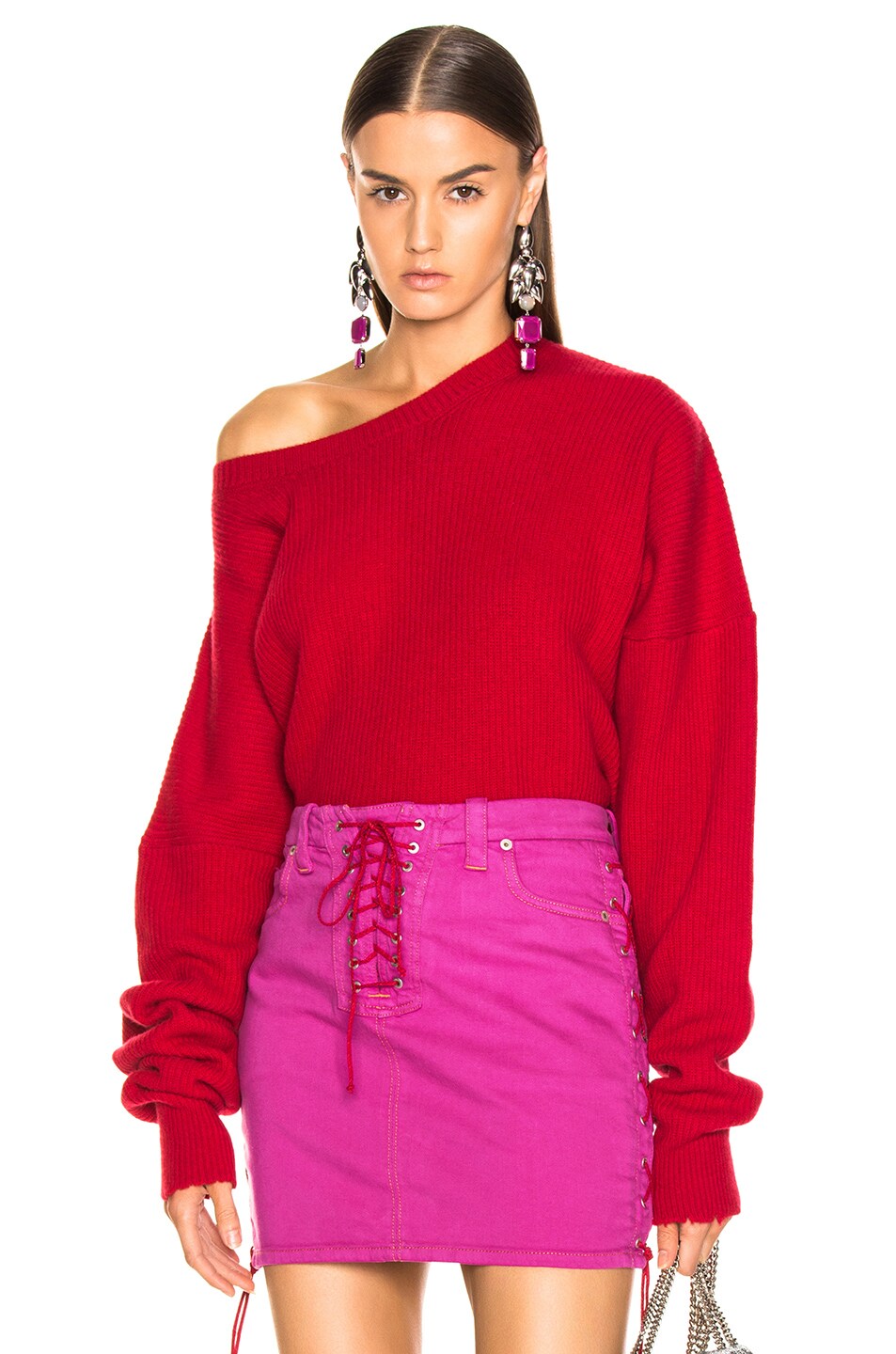 Image 1 of Unravel Rib Oversize Chopped Crew Sweater in Lipstick Red