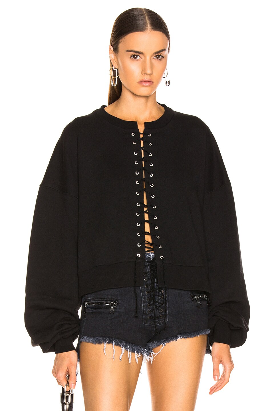Image 1 of Unravel Terry Lace Up Crew Sweater in Black