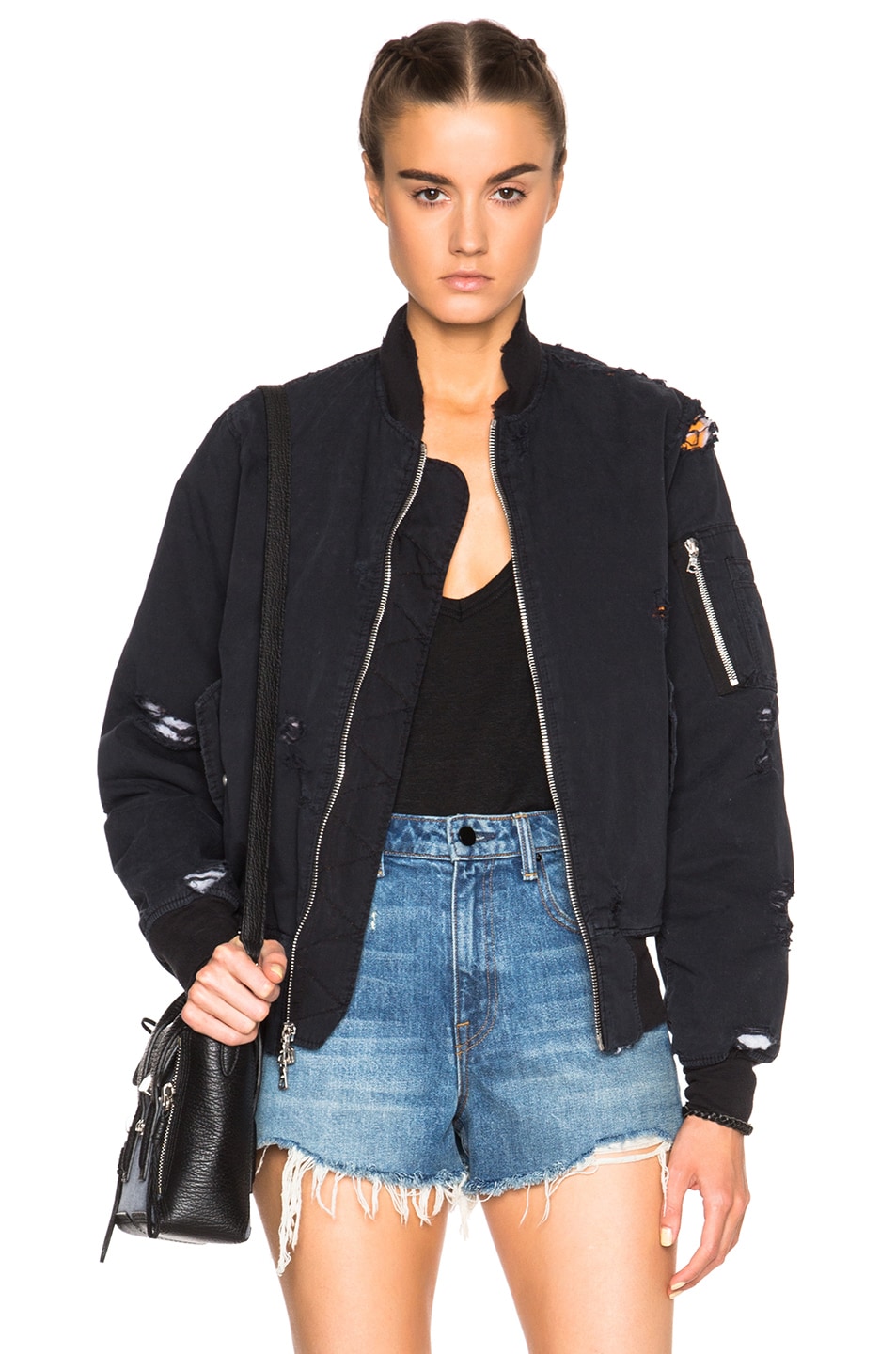 Image 1 of Unravel FWRD Exclusive Destroyed Twill Bomber Jacket in Black