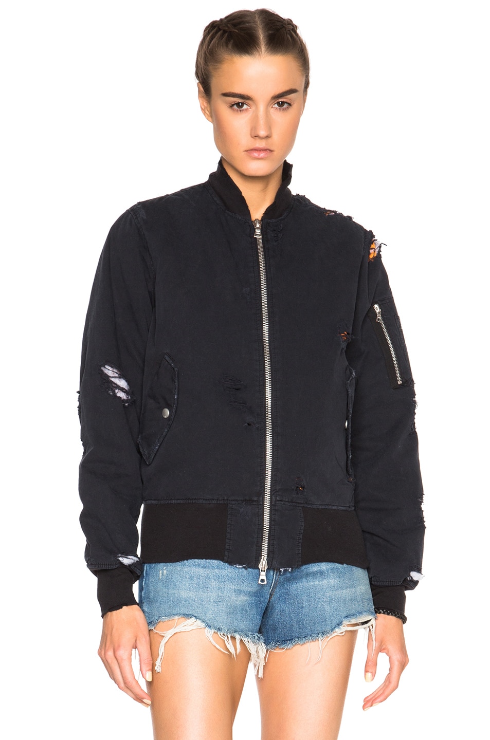 Unravel FWRD Exclusive Destroyed Twill Bomber Jacket in Black | FWRD