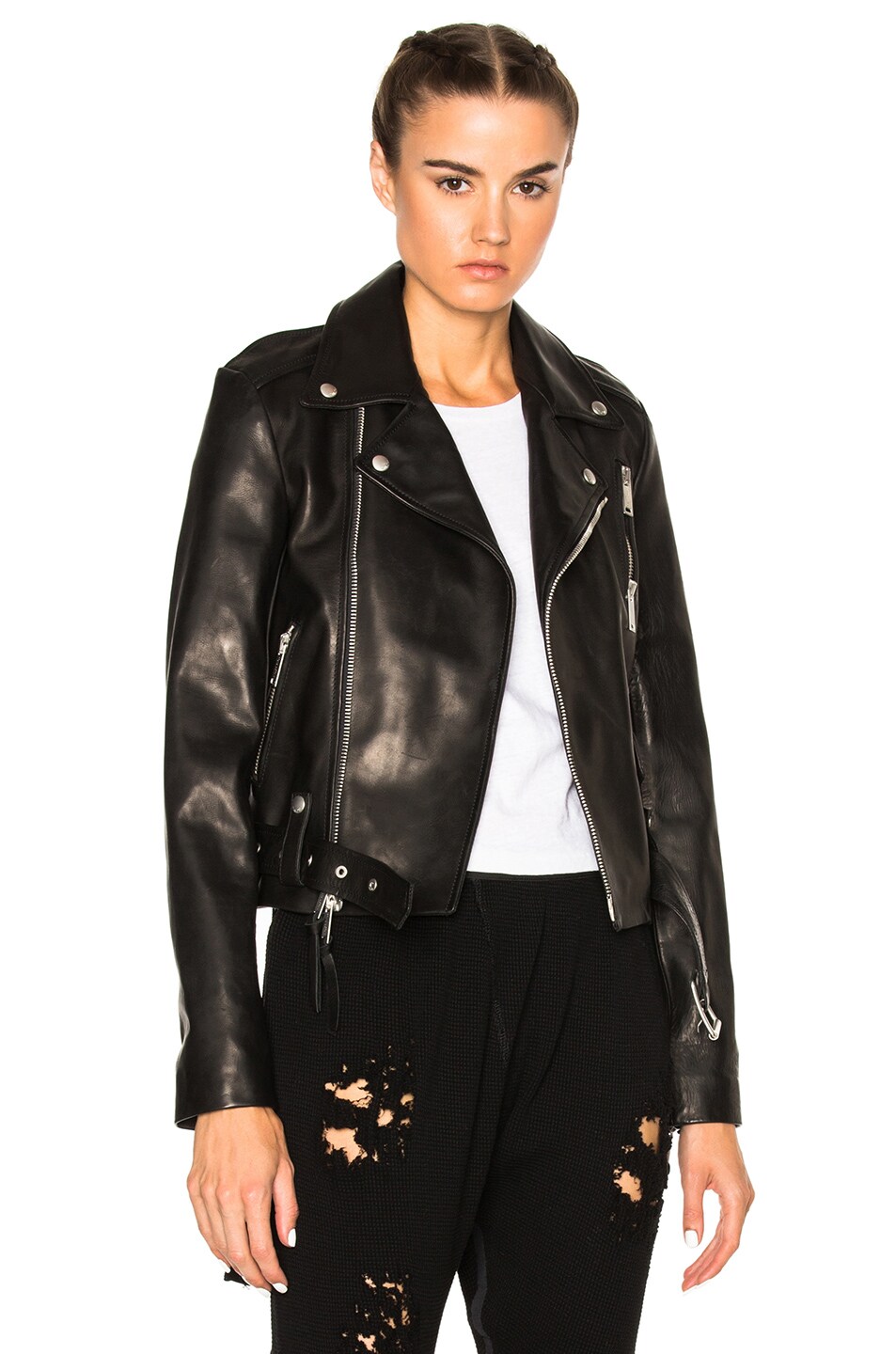 Image 1 of Unravel Leather Lace Up Biker Jacket in Black