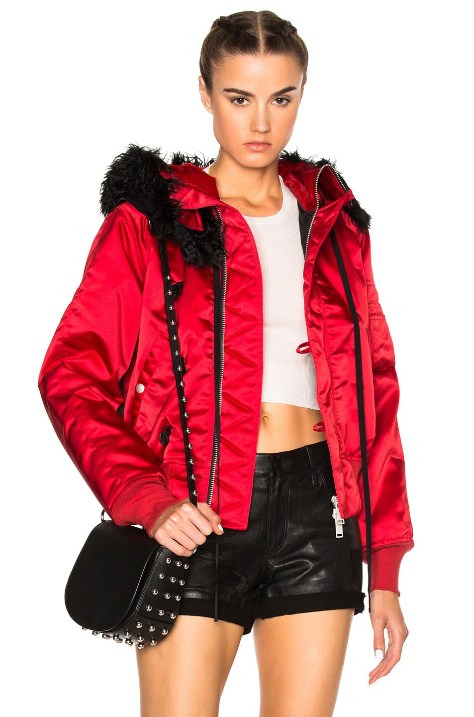 Image 1 of Unravel Bomber Fur Hooded Jacket in Red