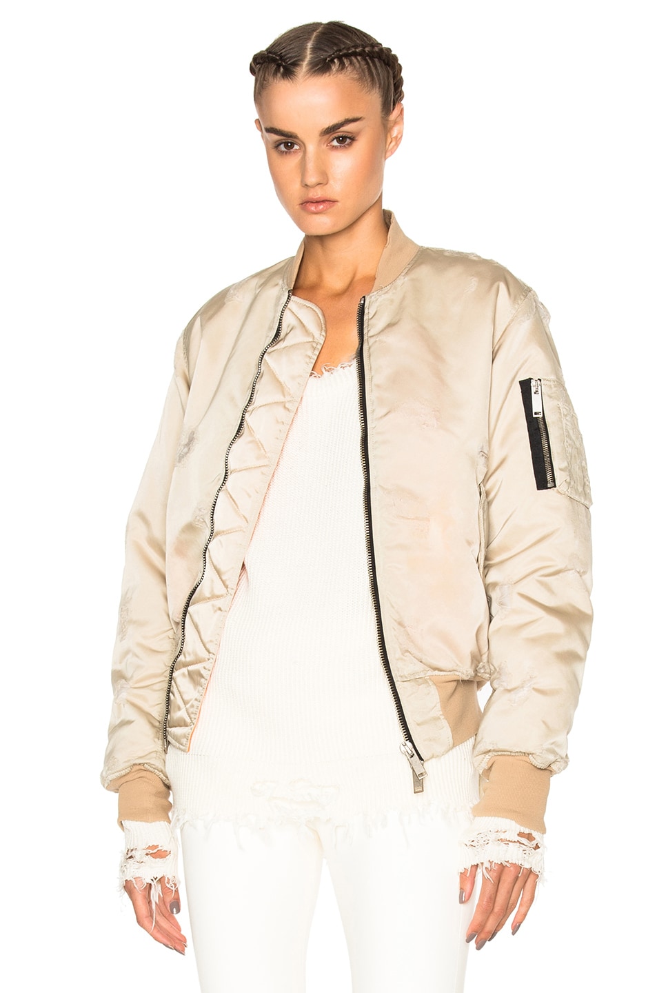 Image 1 of Unravel Distress Nylon Bomber in Nude